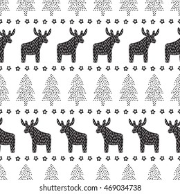 Christmas seamless pattern. Black and white Christmas background - Xmas trees, deers and stars. Scandinavian sweater style. Design for textile, wallpaper, web, fabric, decor etc.