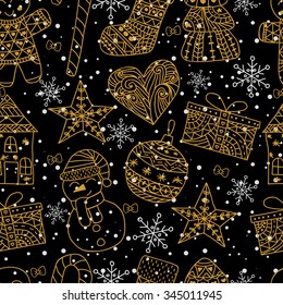 Christmas seamless pattern in black and yellow colors. Vector illustration