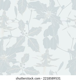 Christmas seamless pattern in blue colors with holly leaves, American Mistletoe, Mistletoe hanging for greeting cards, wrapping papers.