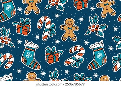 Christmas seamless pattern in blue colors. The pattern includes candy cane, gift ribbon, gingerbread man, holly berries, sock. Colorful festive print. Vector illustration.