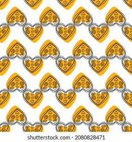 Christmas seamless pattern. Blue hearts on a yellow background. Seamless pattern.