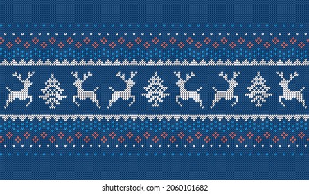 Christmas seamless pattern. Blue knit background with deers and trees. Knitted sweater print . Xmas geometric texture. Holiday fair isle traditional ornament. Festive border. Vector illustration