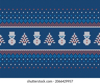 Christmas seamless pattern. Blue knit background with snowman and tree. Xmas geometric texture. Knitted sweater print. Holiday fair isle traditional ornament. Festive border. Vector illustration