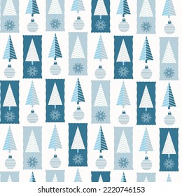 Weihnachtsnahtloses Muster in Blau , hellrot und Grau mit Schneeflocken und Weihnachtskugeln im skandinavischen Stil