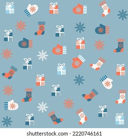 Christmas seamless pattern in blue , ligh red and grey color with snowflake and chrismas ball elements in scandinavian style