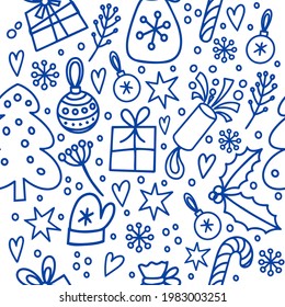 Christmas seamless pattern, blue on a white background, the elements are hand-drawn in the style of doodle. Gifts, snowflakes, Christmas decorations