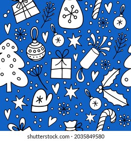 Christmas seamless pattern, blue on a white background, the elements are hand-drawn in the style of doodle. Gifts, snowflakes, Christmas decorations