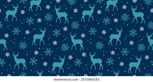 Christmas seamless pattern. Blue Christmas pattern with Reindeer and Snowflakes. Vector illustration. Design for fabric, gift wrapping paper