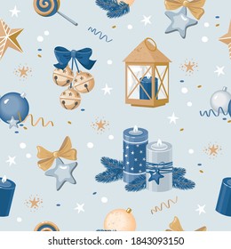 Christmas seamless pattern in blue, silver and gold colors with festive elements: candles, spruce branches, bows, lantern, stars, spiral candy, Christmas balls. Vector, isolated.
