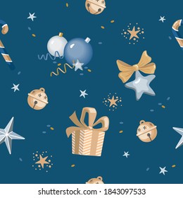 Christmas seamless pattern in blue, silver and gold colors with festive elements: stars, gift, streamers, bells, candles, Christmas balls. Vector, isolated.