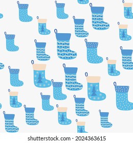 Christmas seamless pattern with blue Christmas socks. Christmas, New Year illustration