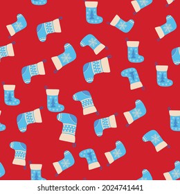 Christmas seamless pattern with blue Christmas socks. Christmas, New Year illustration