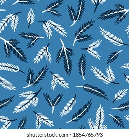 Christmas seamless pattern. Blue and white spruce branches. Cozy and cute illustration for textiles, packaging, cards, banners. Festive background.