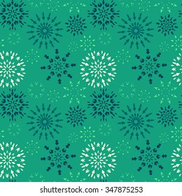 Christmas seamless pattern. Blue and white snowflakes on dark turquoise background. Winter theme retro texture. Vector illustration.