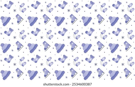 Christmas seamless pattern of blue winter mittens, hat, sock, ice skates, and snowflakes on white background.  Collection of winter clothes and accessories. Watercolour set. Vector illustration.