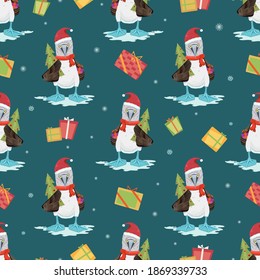 Christmas seamless pattern with blue-footed booby bird in red Santa hat, stylized fir tree and presents 