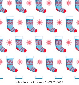 Christmas seamless  pattern with blue-red stockings and snowflakes on white  background. Christmas, winter concept for wrapping, wallpaper, backdrop. Vector illustration 10 EPS.