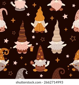 Natal padrão sem emenda com gnomos e estrelas boho. Fundo boêmio de Ano Novo em estilo cartoon