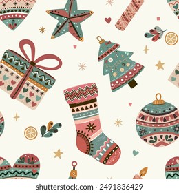 Christmas seamless pattern in boho style. Festive Christmas decor. Christmas tree ornaments, balls, gift stocking, gift box, candle, heart, snowflakes, stars, decorations, natural colors