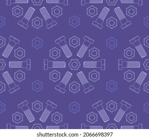 Christmas seamless pattern of bolts and nuts laid out in the shape of snowflakes. Contour drawing of fasteners. Vector background for construction tools store, technical support and others.