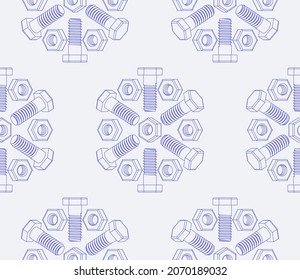 Christmas seamless pattern of bolts and nuts laid out in the shape of snowflakes. Isometric contour 3D drawing of fasteners. Vector background for construction tools store, technical support, others.