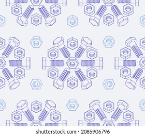 Christmas seamless pattern of bolts and nuts laid out in the shape of snowflakes. Isometric contour 3D drawing of fasteners. Vector background for construction tools store, technical support, others.