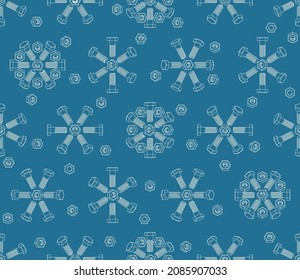 Christmas seamless pattern of bolts and nuts laid out in the shape of snowflakes. Isometric contour 3D drawing of fasteners. Vector background for construction tools store, technical support, others.