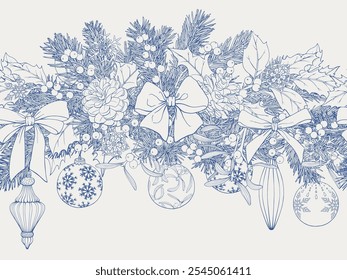 Christmas seamless pattern border with bows toys fir twigs pine cone holly mistletoe balls. Blue beige Hand drawn linear elements Vintage Vector background for design package, holiday, paper, decor