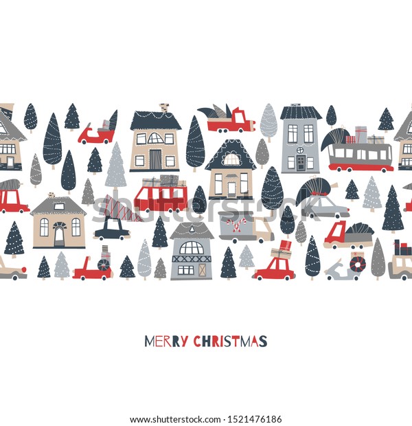 Christmas\
seamless pattern border postcard. Holiday city. Houses and bright\
cars with gifts and Christmas trees. Vector illustration in cartoon\
scandinavian style on a white\
background.