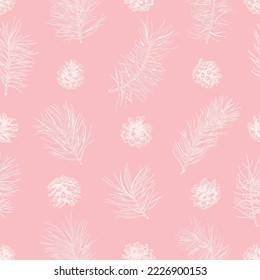 Patrón de Navidad sin fisuras. Fondo botánico con Pines y conos. Fondo rosa y blanco. Esbozo.