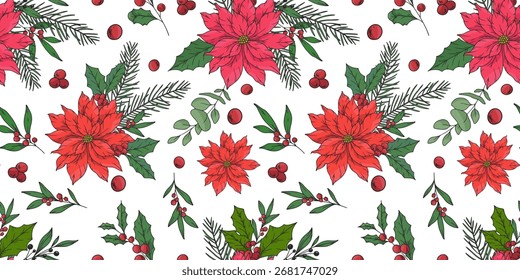 Christmas seamless pattern with botanical elements. Christmas background.  Perfect for wrapping paper, fabric, greeting cards, and festive designs. Traditional pattern. Holiday decoration wallpaper.