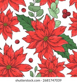 Christmas seamless pattern with botanical elements. Christmas background.  Perfect for wrapping paper, fabric, greeting cards, and festive designs. Traditional pattern. Holiday decoration wallpaper.