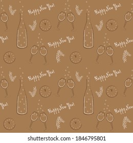 Christmas seamless pattern with bottle of champagne and glasses ,Surface design for textile, fabric, wallpaper, wrapping, giftwrap, paper, scrapbook and packaging. Vector
