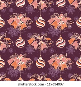 Christmas seamless pattern with bows and bells