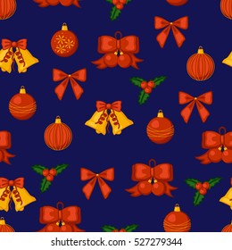 Christmas seamless pattern. Bows, bells, Christmas balls, mistletoe. Vector illustration.
