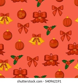 Christmas seamless pattern.  Bows, bells and balls. Vector illustration.