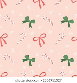 Christmas seamless pattern with bows and candy cane. Vector illustration , hand drawn. Perfect for wrapping paper, holiday textile, wallpaper, fabric