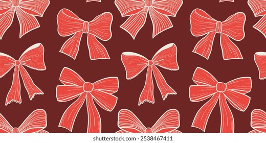 Christmas seamless pattern with bows. Hand drawn background with red festive ribbon bows