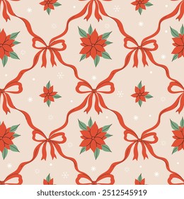 Christmas seamless pattern with bows and red winter flowers. Vector graphics.