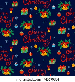 Christmas seamless pattern with branch of holly and congratulations Merry Christmas on blue background.