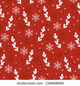 Christmas seamless pattern with branches, berries, snowflakes and cones on red background. Perfect for holiday invitations, winter greeting cards, wallpaper and gift paper 