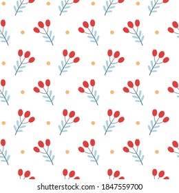 Christmas seamless pattern with branches, berries, snow balls. Vector background on white. Cute illustration for fabric, wrapping paper, postcard design.