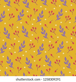 Christmas seamless pattern with branches, berry and snowflakes on gold background. Perfect for holiday invitations, wrapping paper, greeting cards. Vector illustration.