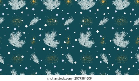 Weihnachtsnahtloses Muster. Zweige von Tannen- und Goldspänen. Vektorgrafik