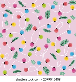 Christmas seamless pattern with branches and garland. Holiday background. Vector hand drawn illustration.