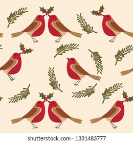 Christmas seamless pattern with branches of spruces, Robin birds and holly berries. 