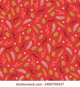 Christmas seamless pattern with briar, leaves, fir branches, snowflakes on red background. Perfect for wallpaper, gift paper, winter greeting cards. Vector illustration