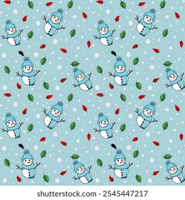 Christmas seamless pattern, bright blue, Santa, snowman