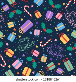 Christmas seamless pattern. Bright color vector illustration, winter decor. Vector illustration.