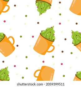 Christmas seamless pattern with bright mugs with whipped cream and drops on a white background. Festive background for printing on paper, fabric, textiles, packaging